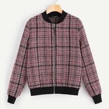 Romwe Contrast Trim Tweed Bomber Jacket