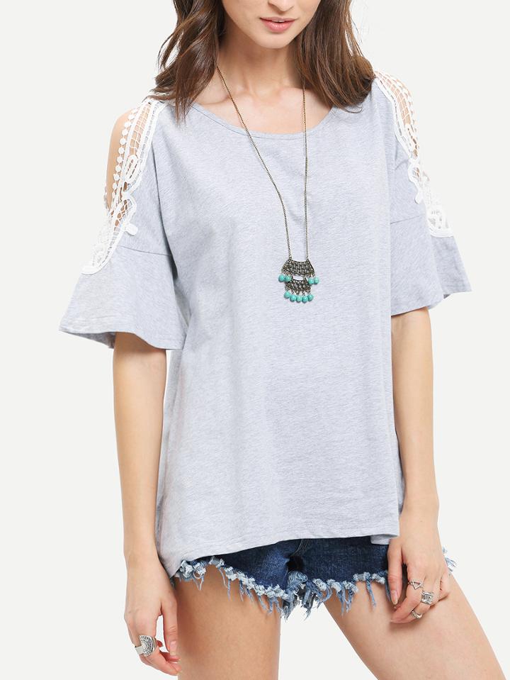 Romwe Light Grey Crochet Cold Shoulder Casual T-shirt