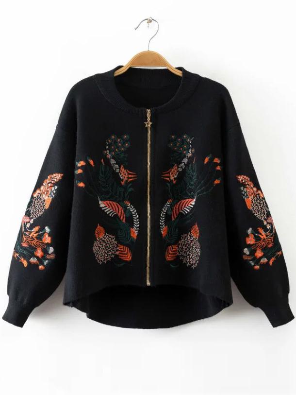 Romwe Black Embroidery Zipper Up High Low Sweater Coat
