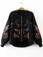 Romwe Black Embroidery Zipper Up High Low Sweater Coat