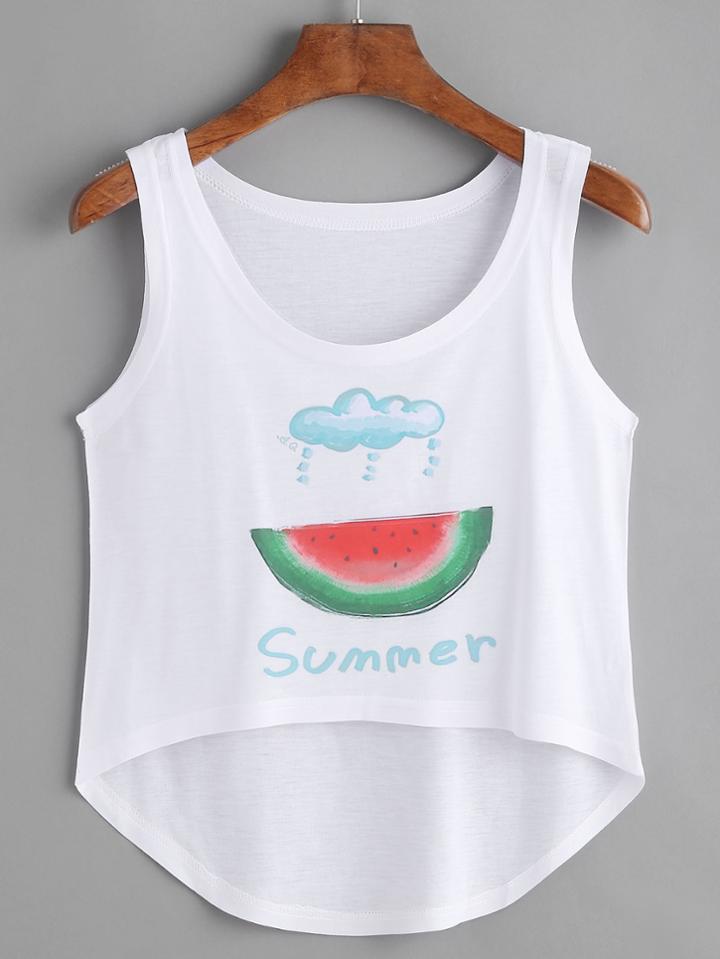 Romwe White Watermelon Print Dip Hem Tank Top