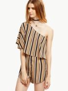 Romwe Khaki Striped One Shoulder Ruffle Romper