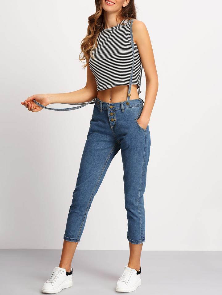 Romwe Blue Strap Pockets Denim Pant