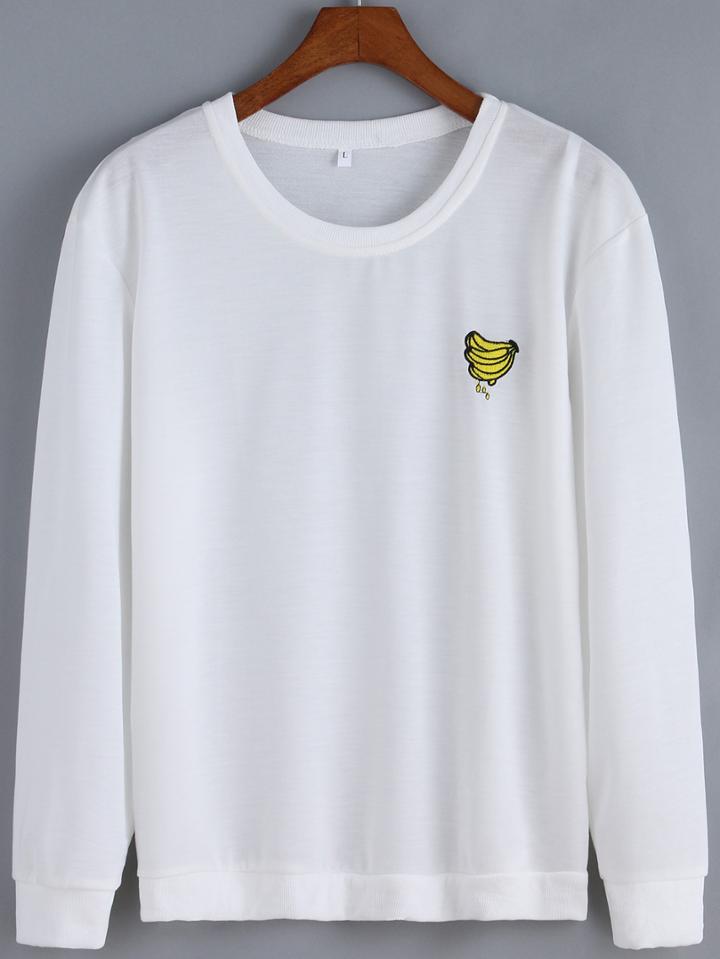 Romwe Banana Embroidered White Sweatshirt