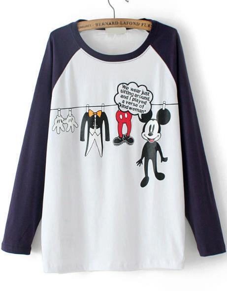 Romwe Mickey Clothesline Print Navy T-shirt