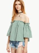 Romwe Green Vertical Striped Ruffle Off The Shoulder Top