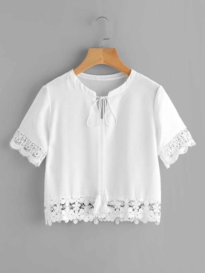 Romwe Lace Hem Self Tie Neck Blouse