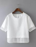 Romwe White Short Sleeve Sheer Plaid Crop Blouse