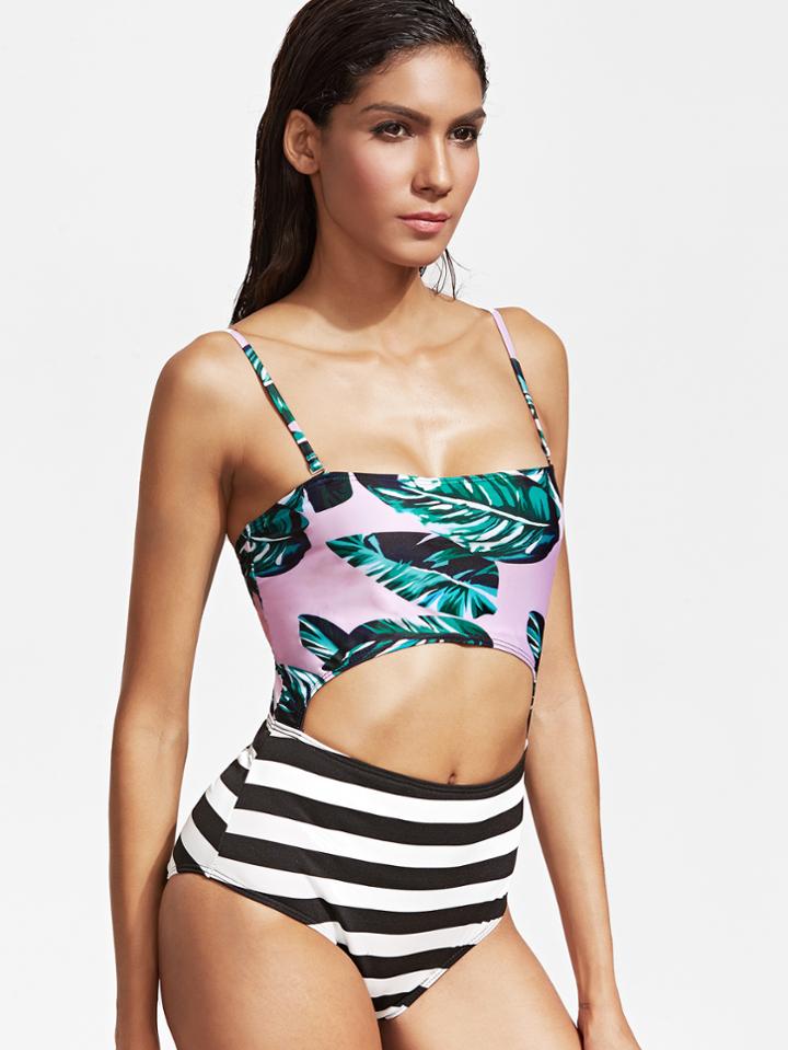 Romwe Leaf Print Spaghetti Strap Cutout One-piece Swimwear