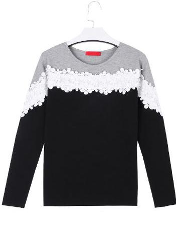 Romwe Color-block Lace Insert T-shirt