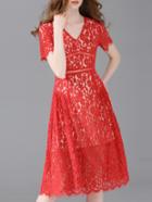 Romwe Red V Neck Lace A-line Dress