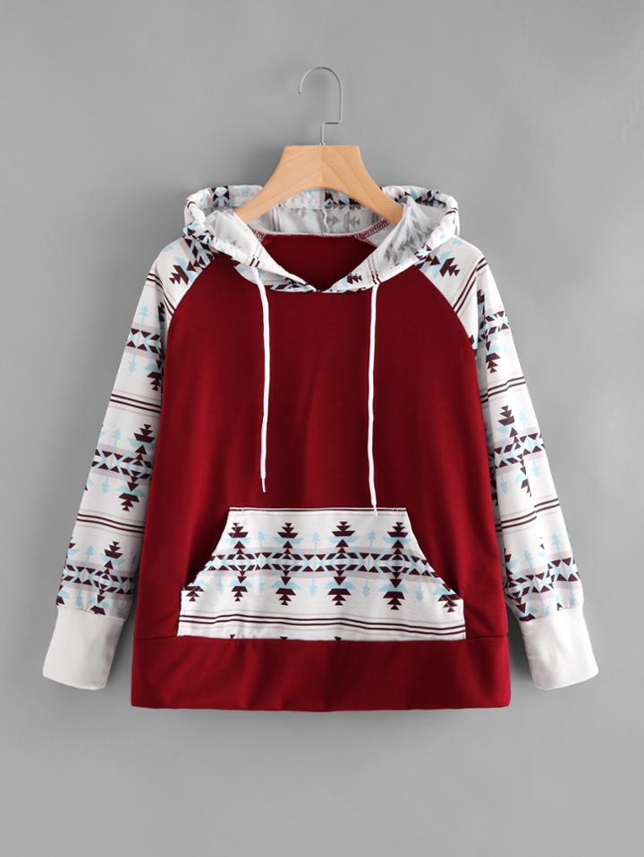 Romwe Geo Print Contrast Kangaroo Pocket Drawstring Hoodie