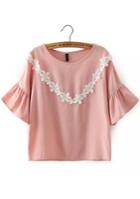 Romwe Butterfly Sleeve Contrast Applique Pink Top