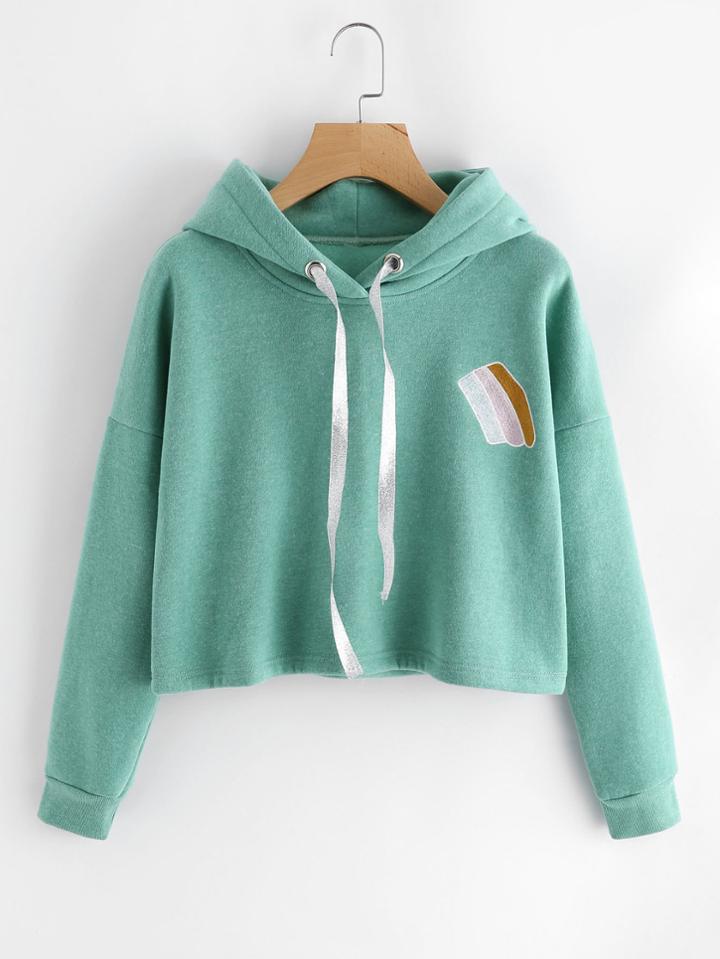 Romwe Drop Shoulder Embroidered Drawstring Hoodie