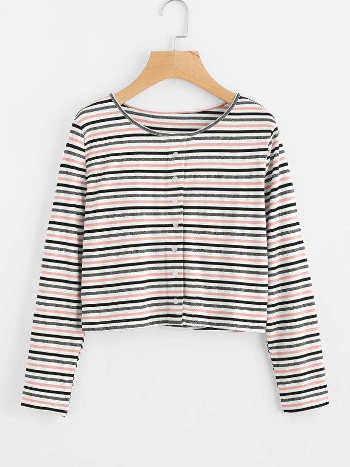 Romwe Striped Button Front Tee