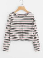 Romwe Striped Button Front Tee