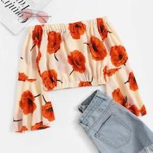 Romwe Floral Print Flounce Sleeve Crop Blouse