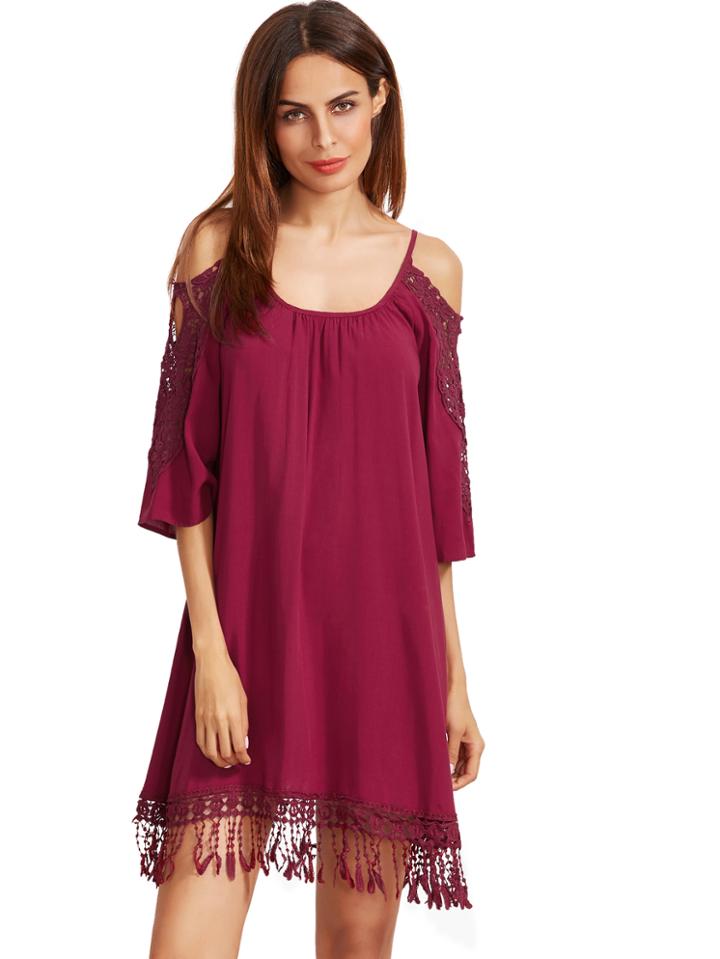 Romwe Burgundy Open Shoulder Crochet Lace Sleeve Tassel Dress