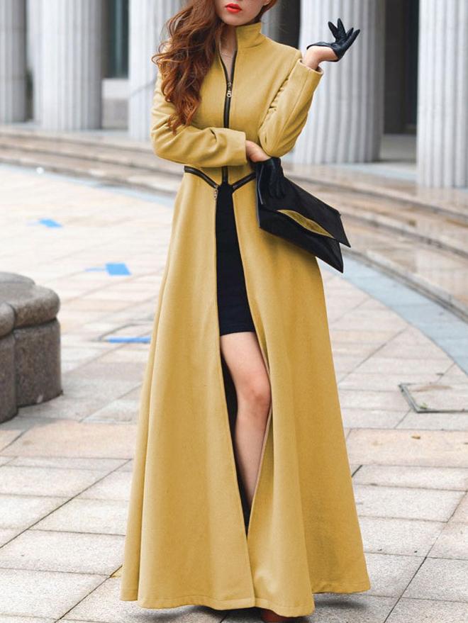 Romwe Stand Collar Zipper Maxi Yellow Coat