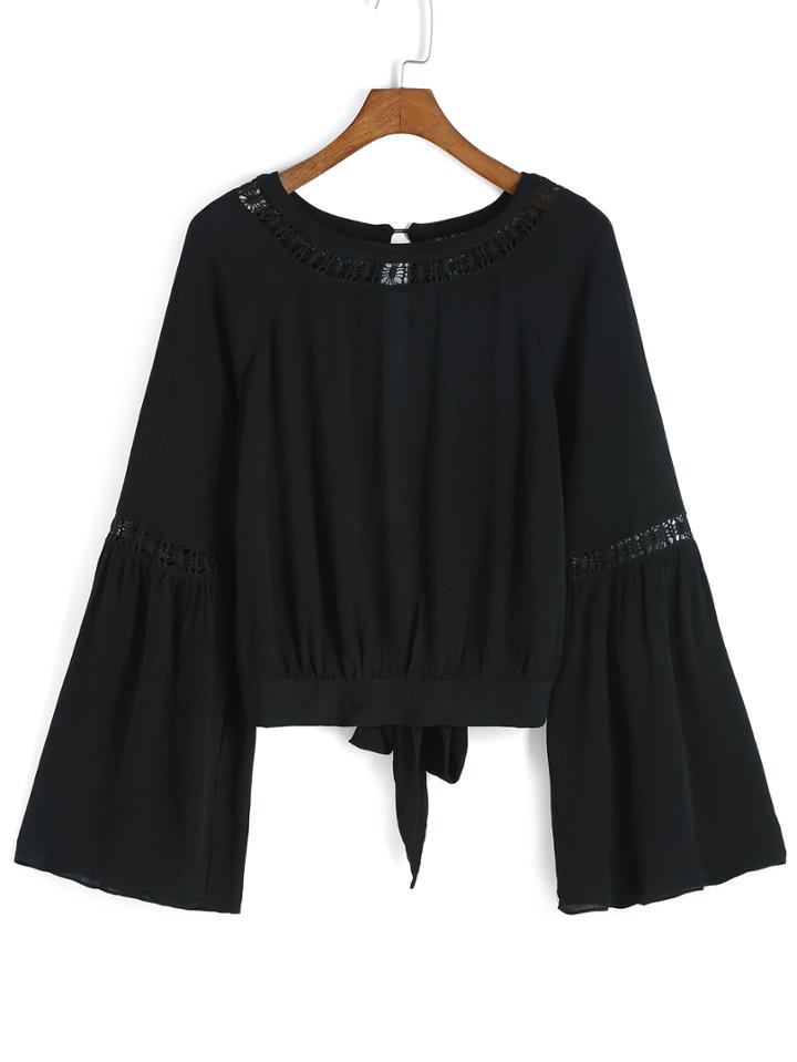 Romwe Bell Sleeve Hollow Knotted Black Blouse