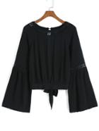 Romwe Bell Sleeve Hollow Knotted Black Blouse