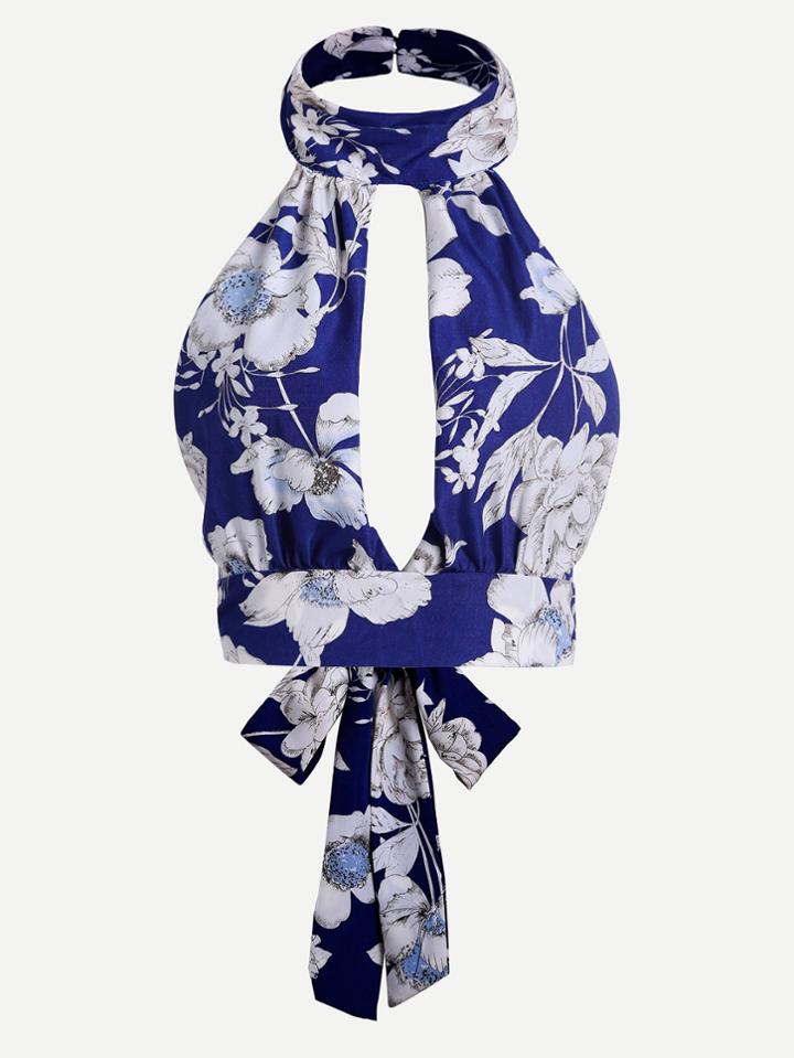 Romwe Floral Print Split Front Open Back Self Tie Top