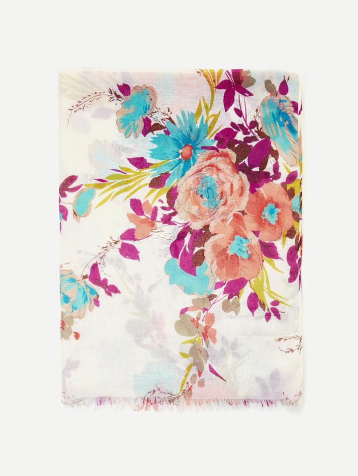 Romwe Flower Print Frayed Trim Scarf