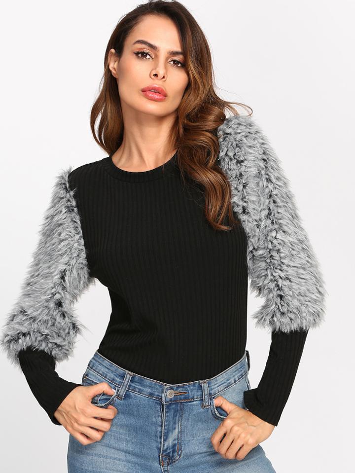 Romwe Rib Knit T-shirt With Faux Fur Sleeve