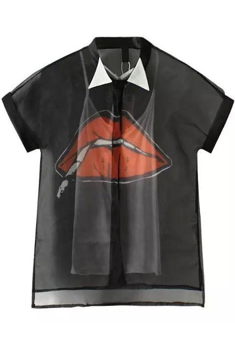 Romwe Dip Hem Lip Print Organza Blouse