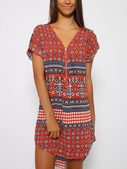 Romwe Zip Front Tribal Print High-low Dress