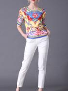 Romwe Multicolor Vintage Print Top With Pockets Pants