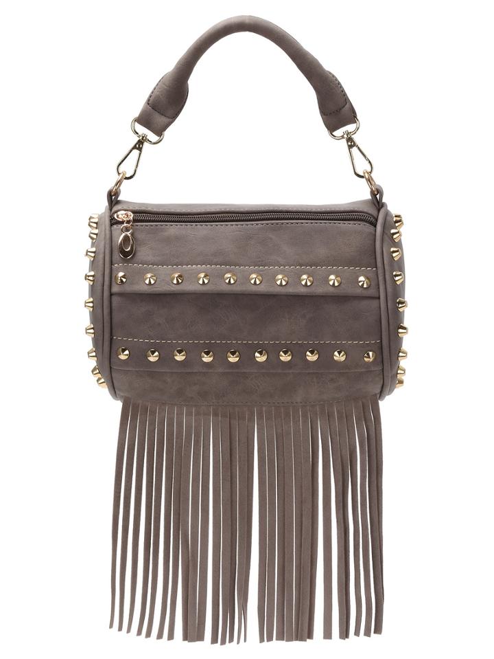 Romwe Grey Zipper Fringe Studded Bag