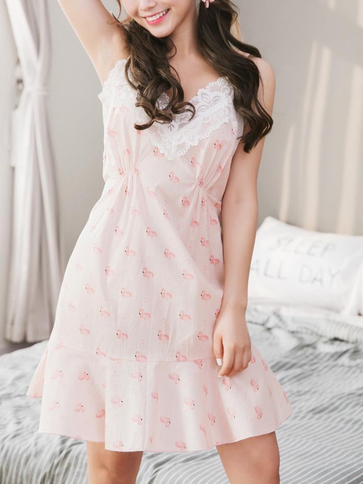 Romwe Flamingo Print Lace Trim Frill Hem Cami Dress