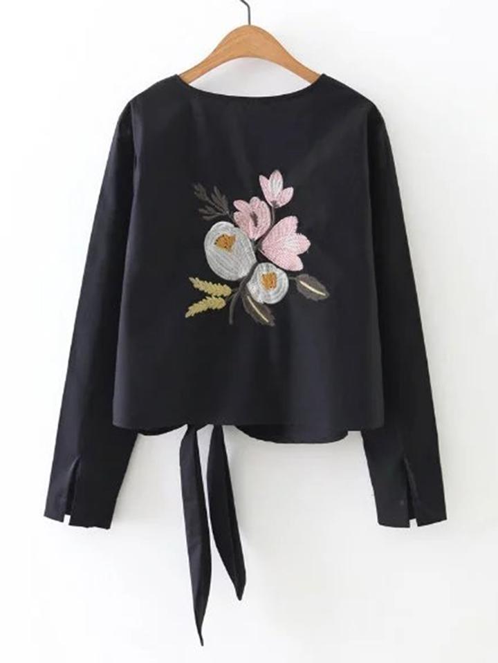 Romwe Knot Front Flower Embroidery Top