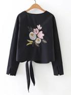 Romwe Knot Front Flower Embroidery Top
