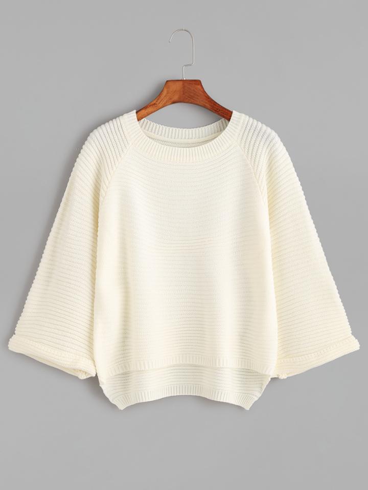 Romwe Beige Dip Hem Raglan Sleeve Cuffed Sweater