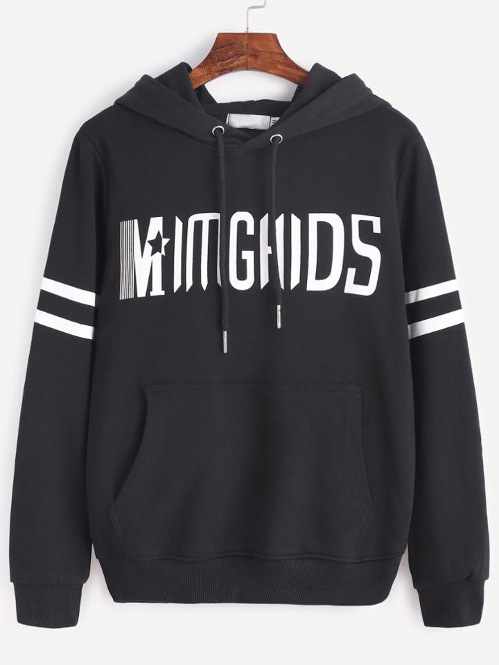 Romwe Letter Print Varsity Striped Drawstring Hooded Pocket Sweatshirt