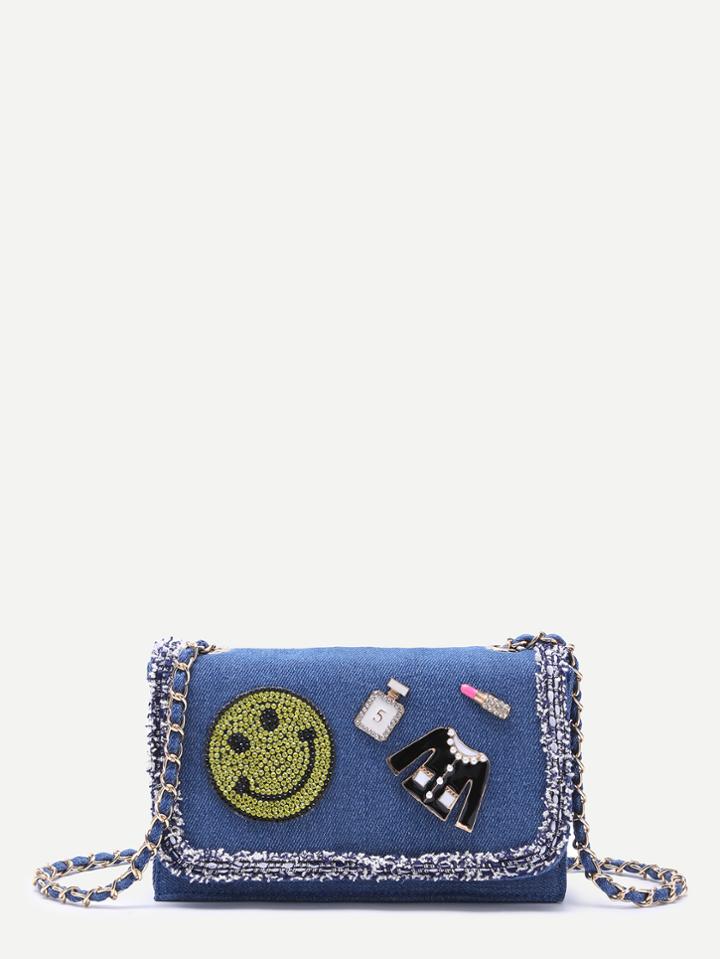 Romwe Blue Denim Rhinestone Raw Edge Flap Messenger Bag