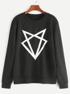 Romwe Black Geometric Print Long Sleeve Sweatshirt