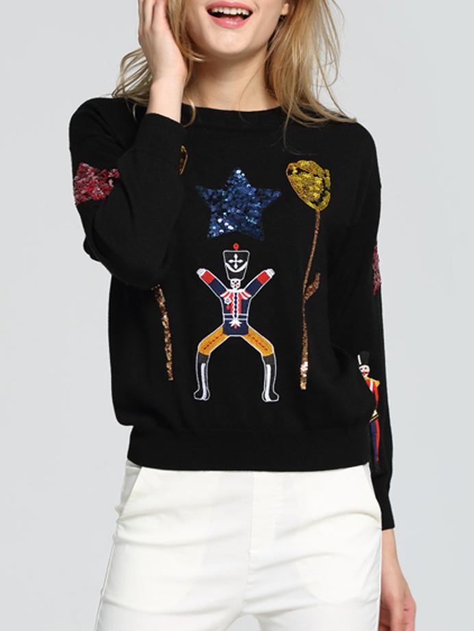 Romwe Black Crew Neck Star Beading Sweatshirt