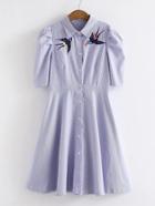 Romwe Swallow Embroidery Striped Shirt Dress