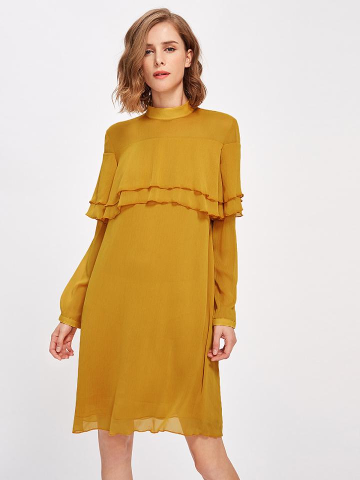 Romwe Mock Neck Layered Flounce Trim Dress