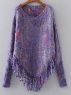 Romwe Purple Fringe Hem Poncho Sweater