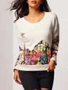 Romwe Women Long Sleeve Florals White Sweatshirt