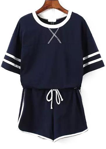 Romwe Short Sleeve Striped Top With Drawstring Navy Shorts