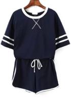 Romwe Short Sleeve Striped Top With Drawstring Navy Shorts