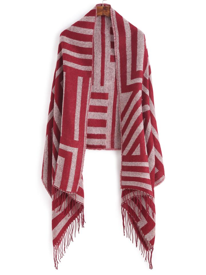 Romwe Red Stripe Fringe Edge Shawl Scarf