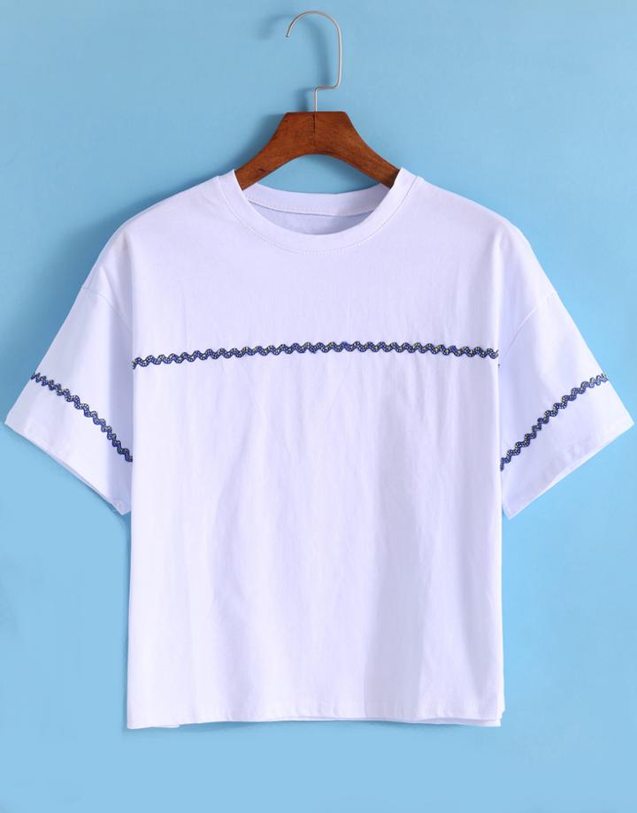 Romwe Round Neck Embroidered Loose T-shirt