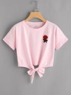 Romwe Rose Patch Knot Front Tee