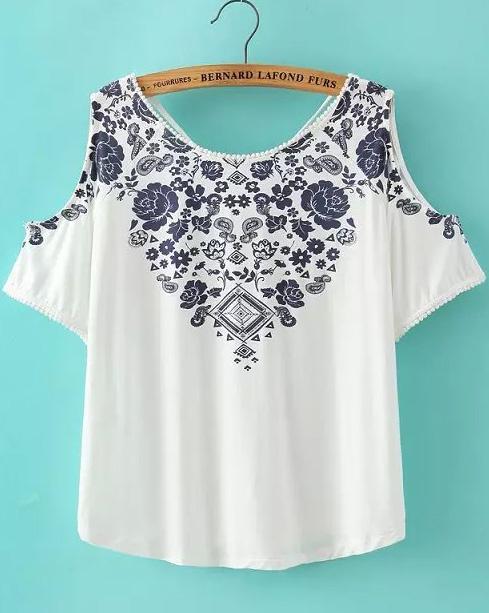Romwe White Off The Shoulder V Neck Floral Blouse